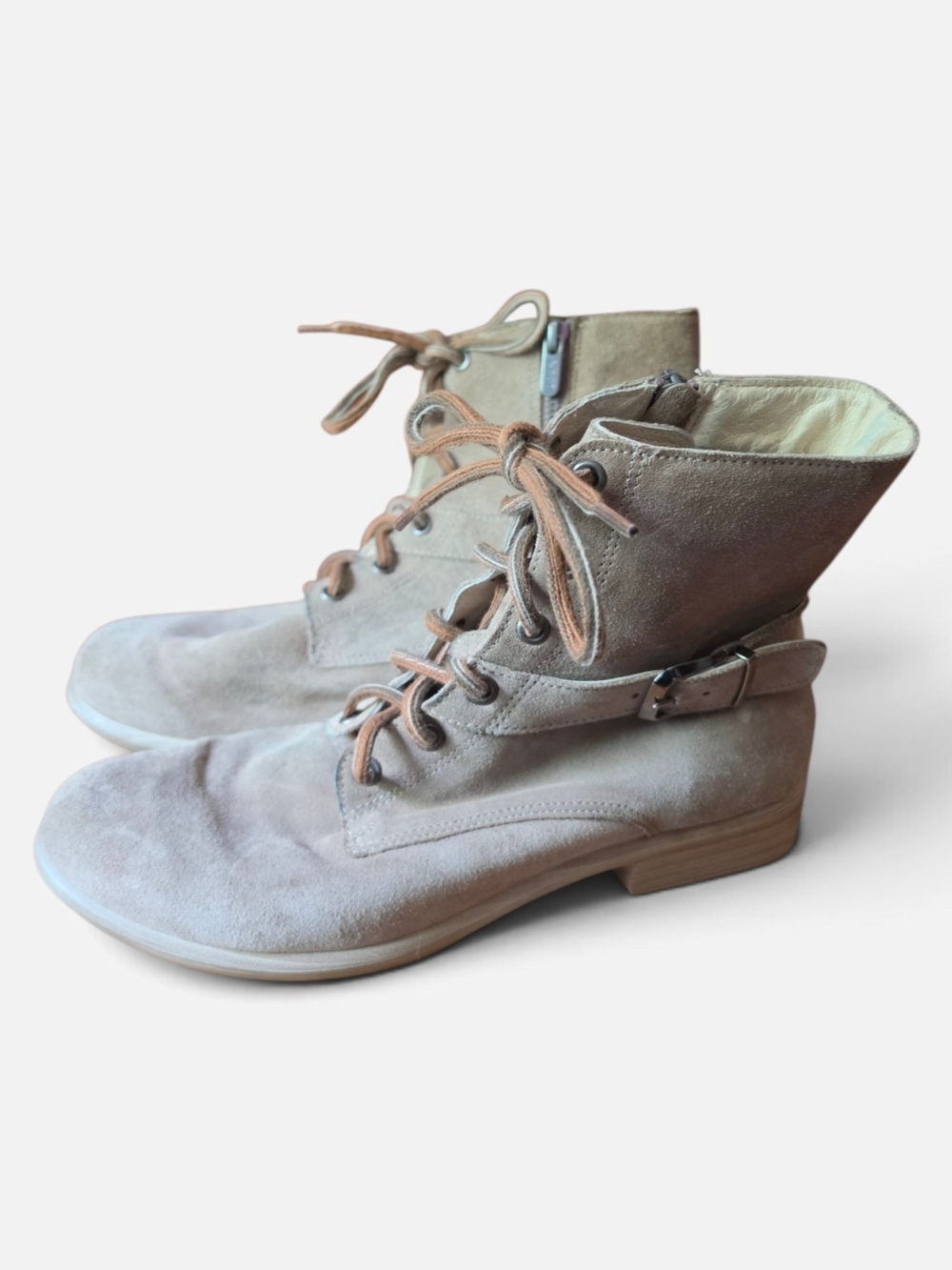 Naot Beige Suede Lace-Up Combat Boots with Side Buckle
